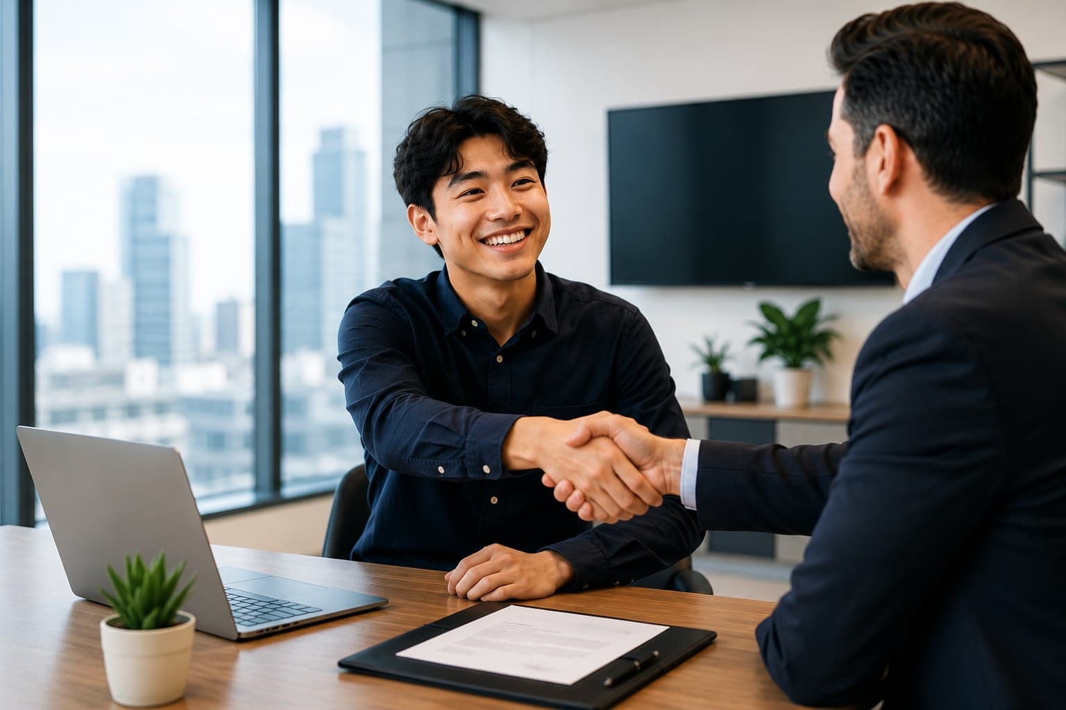 A candidate shaking hands with an interviewer after landing the offer