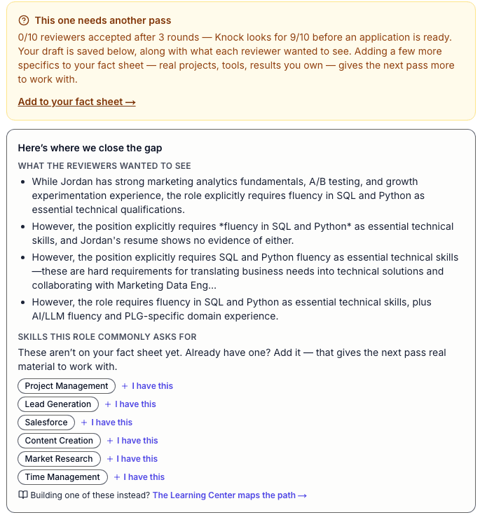 A real below-bar Pre-Flight run: 0 of 10 reviewers accepted after 3 rounds, with the reviewers' notes and the exact skills that would close the gap