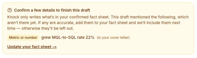 Knock flagging a metric that isn't on the user's confirmed fact sheet before the draft ships